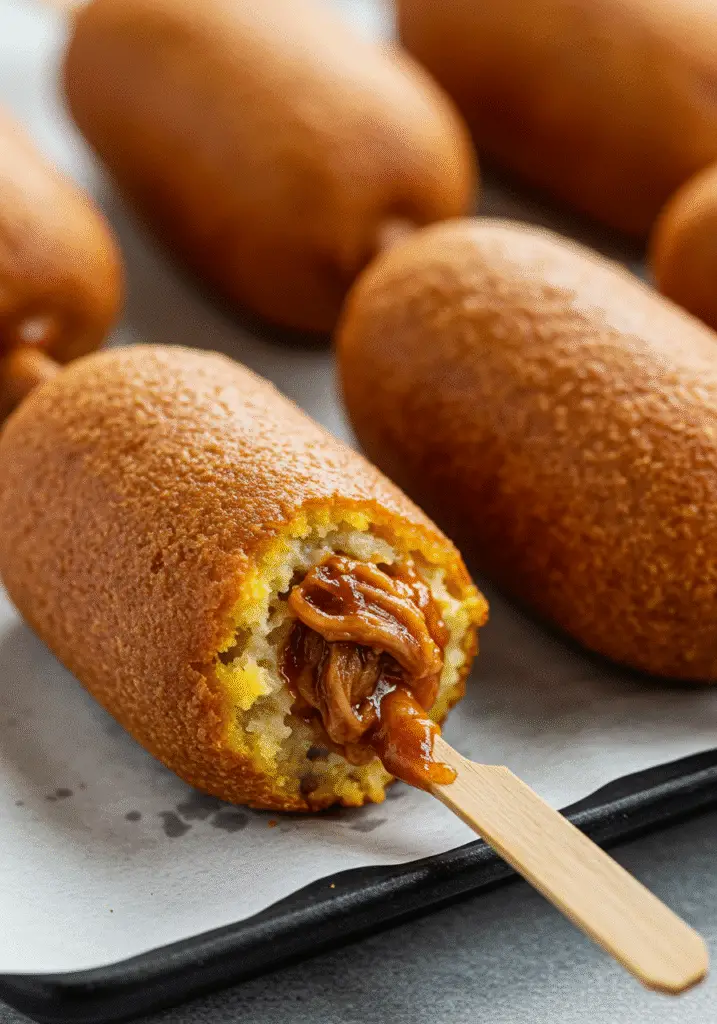 BBQ Pulled Pork Corn Dogs on skewers with golden crust