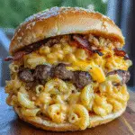 Deep-fried triple bacon mac cheese burger with melted cheese pull and crispy bacon layers on brioche bun