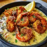 Deep South Cornmeal Fried Shrimp with Lemon Cream Gravy on white plate showcasing golden crispy coating