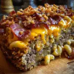 Double Bacon Cheeseburger Mac Cheese Meatloaf sliced showing creamy mac cheese center with bacon topping