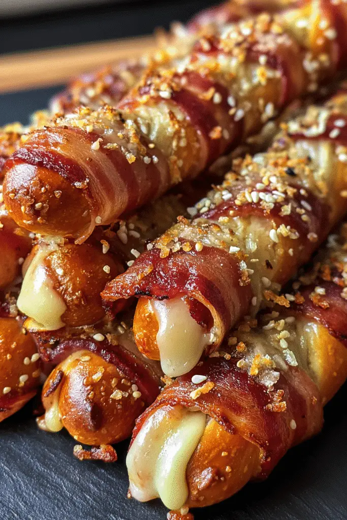 Double-cheese bacon-wrapped pretzel sticks pinterest recipe with golden bacon and melted cheese, perfect game day snack