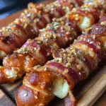 Double-cheese bacon-wrapped pretzel sticks with golden mozzarella and cheddar cheese melting, crispy bacon exterior, homemade recipe