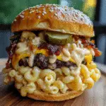 Double-Decker Bacon Mac & Cheese Smash Burger with BBQ ranch swirl showing crispy patties and creamy pasta layers