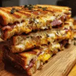 Double smoked bacon triple cheese panini with melted cheddar gouda parmesan cheese and crispy bacon on artisanal bread