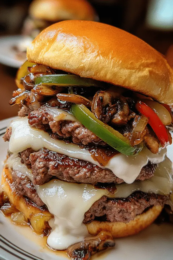 Double-stuffed Philly cheesesteak smash burger Pinterest recipe with premium ingredients