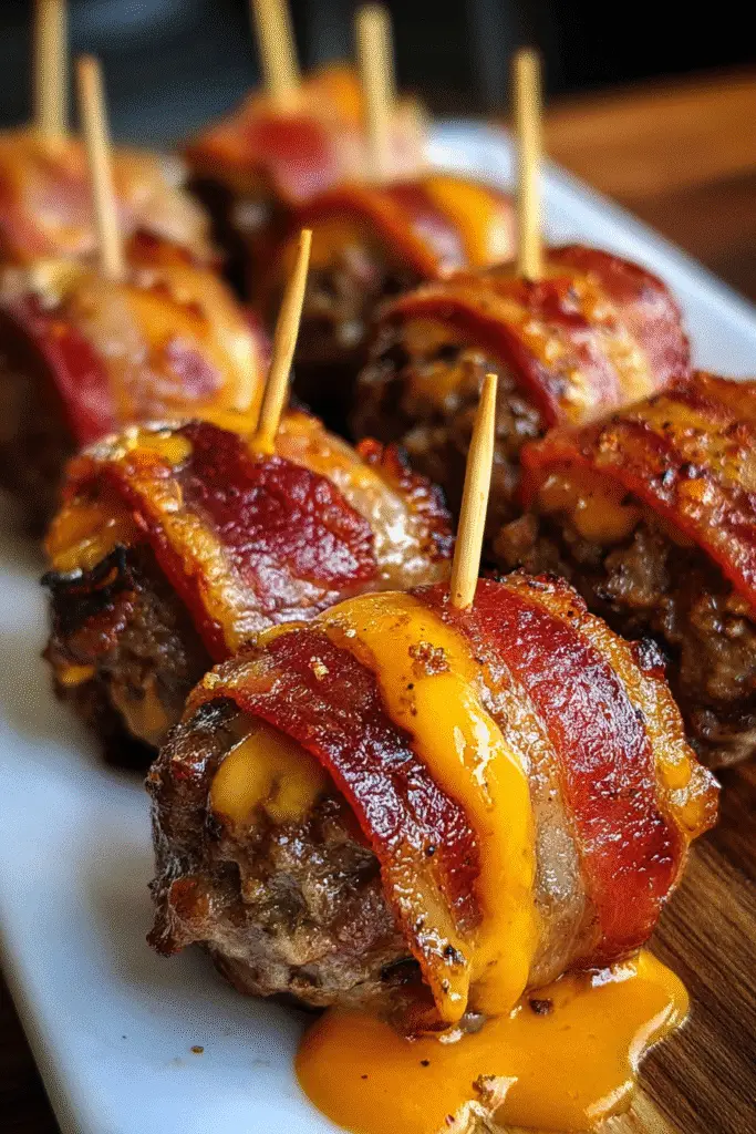 Easy bacon-wrapped cheeseburger dippers appetizer recipe with seasoned ground beef and cheddar cheese