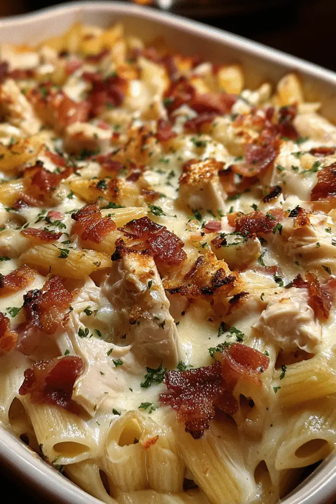 Easy 6-ingredient Chicken Bacon Ranch Alfredo Casserole recipe perfect for weeknight dinners and family meals
