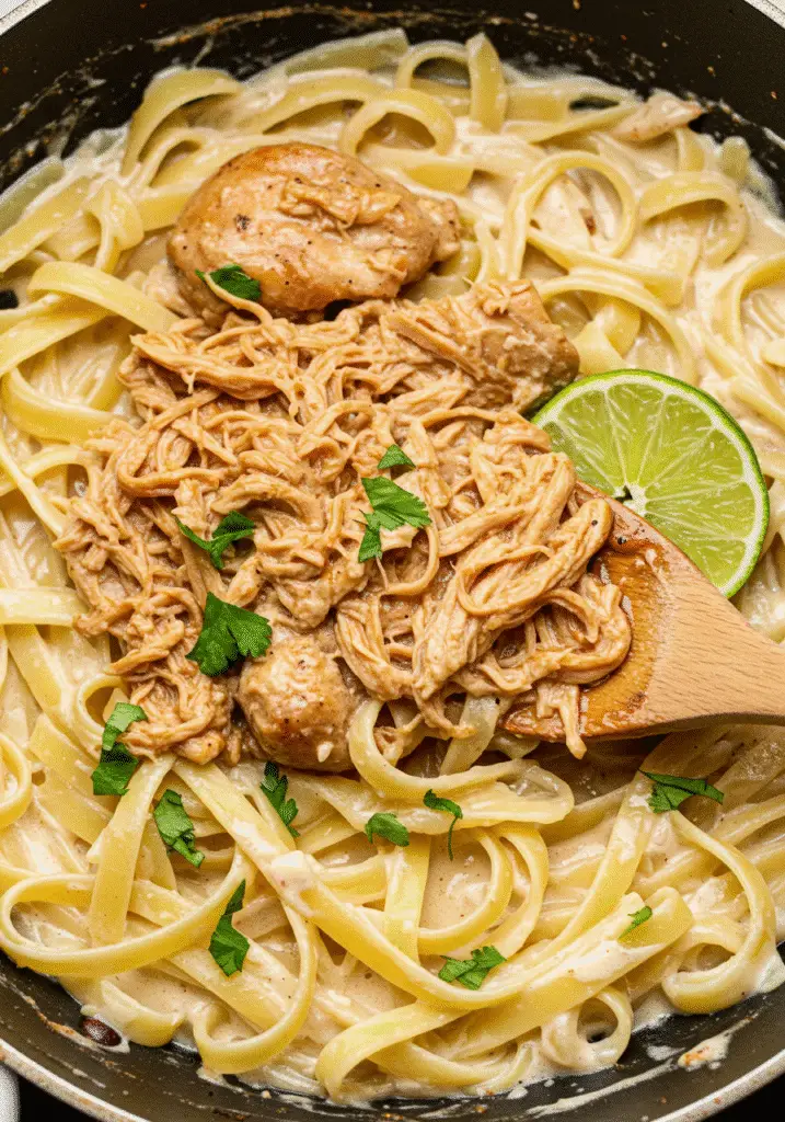 Easy Chipotle Brown Sugar Pulled Chicken Alfredo Skillet recipe ready in 30 minutes with Southwest-Italian fusion flavors
