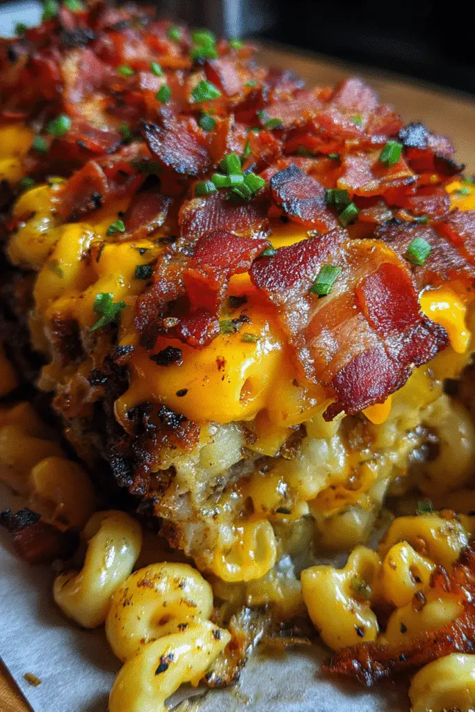 Easy Double Bacon Cheeseburger Mac Cheese Meatloaf recipe pin with step-by-step cooking guide