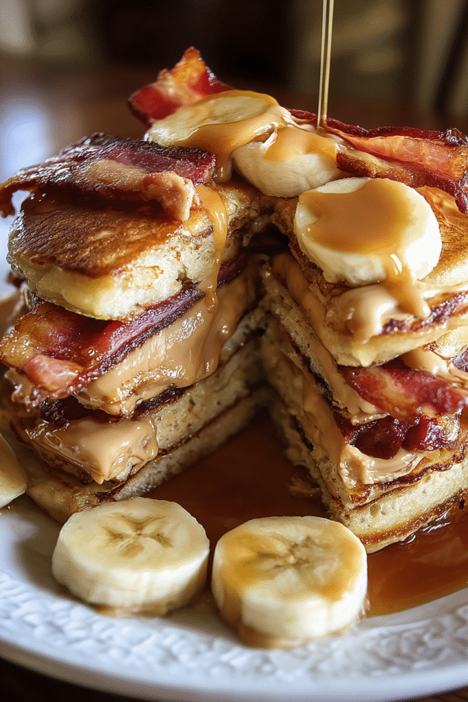 Step-by-step Maple Bacon Peanut Butter Banana Stuffed Pancakes recipe perfect for weekend breakfast