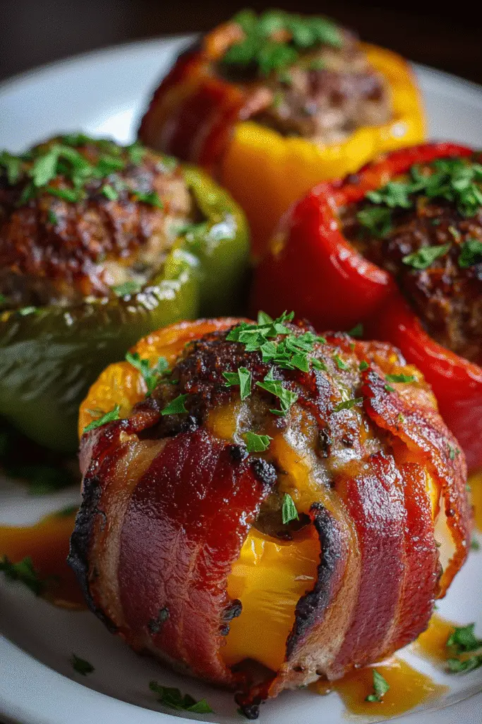 Easy Maple Bourbon Bacon-Wrapped Meatloaf Stuffed Peppers recipe with crispy bacon, ground beef, fresh herbs, and maple bourbon glaze