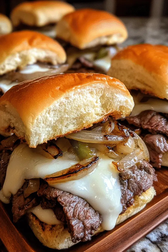 Easy Philly cheesesteak sliders recipe with perfectly grilled onions and melted cheese