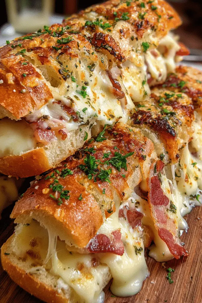 Five-cheese bacon blast grinder Pinterest recipe with melted cheese layers and crispy bacon