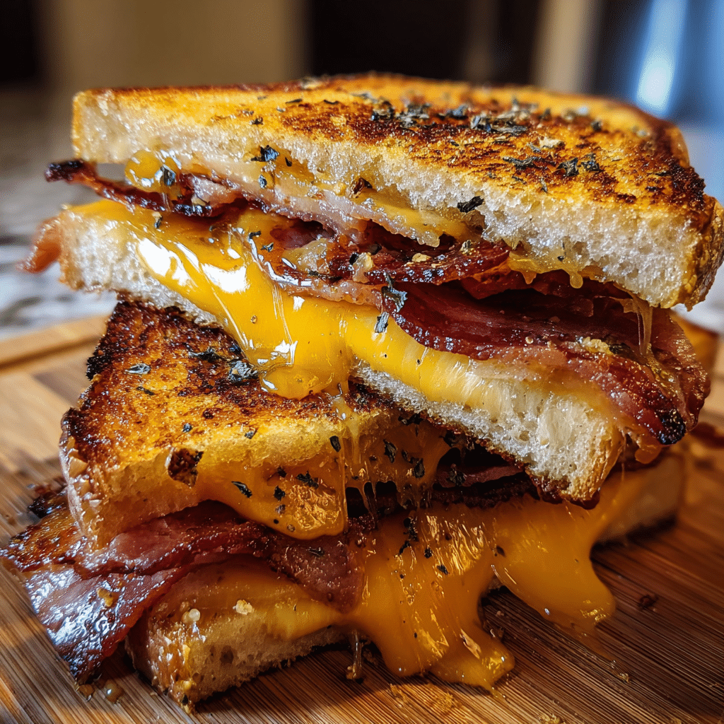 Sweet Maple Bacon Grilled Cheese gourmet sandwich with crispy bacon and melted cheese on artisan sourdough bread