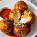 Golden fried lasagna cheese bombs with melted mozzarella and marinara sauce
