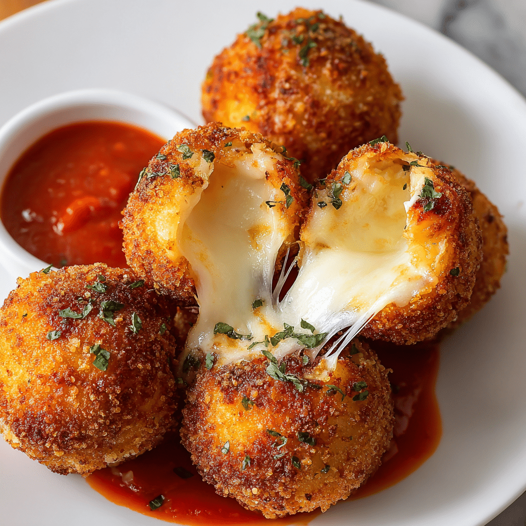 Golden fried lasagna cheese bombs with melted mozzarella and marinara sauce