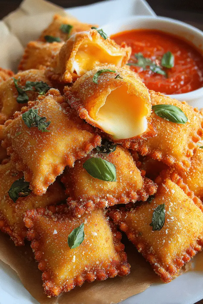 Crispy fried ravioli bites appetizer recipe with mozzarella filling captured with iPhone 15 Pro macro lens