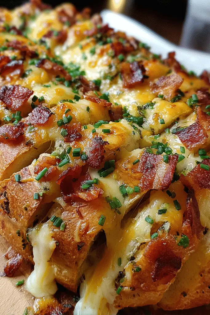 Easy triple cheese bacon pull-apart bread recipe - perfect game day appetizer with melty cheese strings