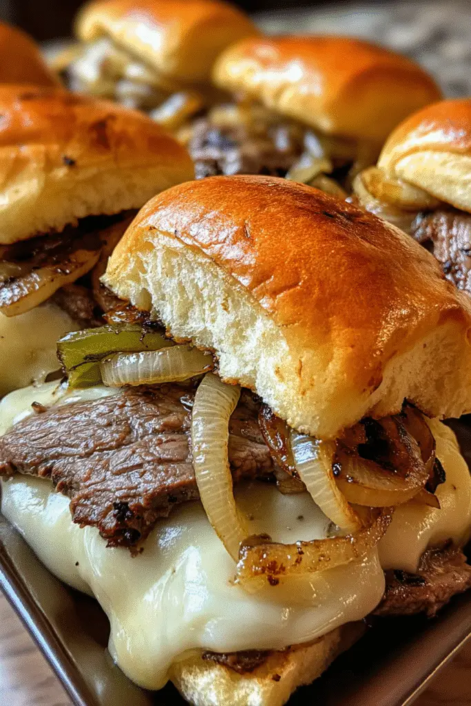 Game day Philly cheesesteak sliders with caramelized onions perfect for party appetizers