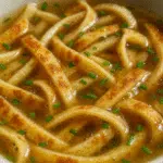 German pancake soup Flädlesuppe with tender crepe strips in clear beef broth garnished with fresh chives - CrennRecipes premium Alpine recipe