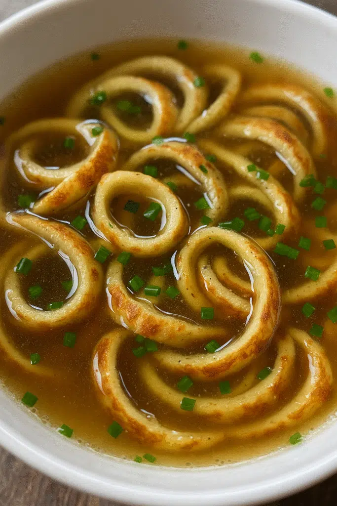 German pancake soup recipe Flädlesuppe Pinterest pin with crepe strips and clear broth - CrennRecipes Alpine cooking guide