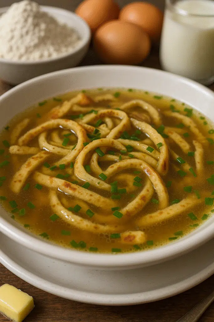 Authentic German Flädlesuppe pancake soup with tender strips and aromatic beef broth - CrennRecipes traditional Alpine recipe
