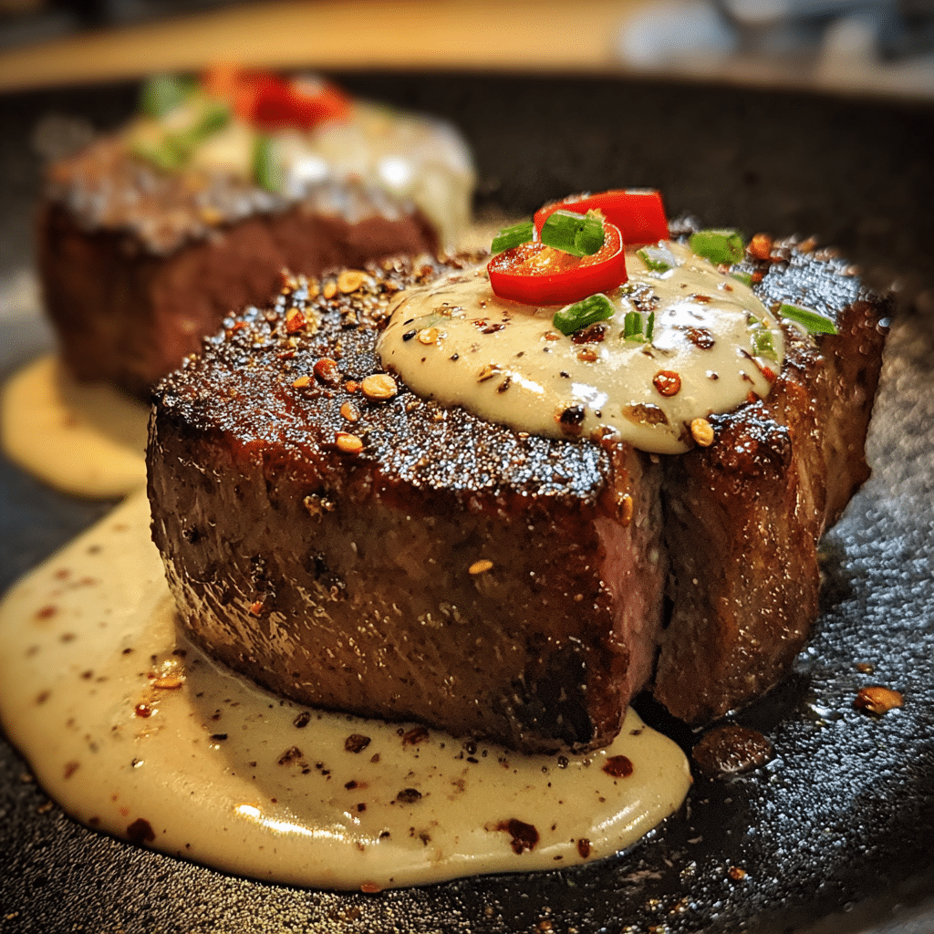 Ghost Pepper Filet with Dark Rum Ember Cream gourmet spicy steak recipe final dish macro shot