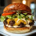 Ghost Pepper Queso Smash Burger with melted queso and spicy ranch drizzle on brioche bun