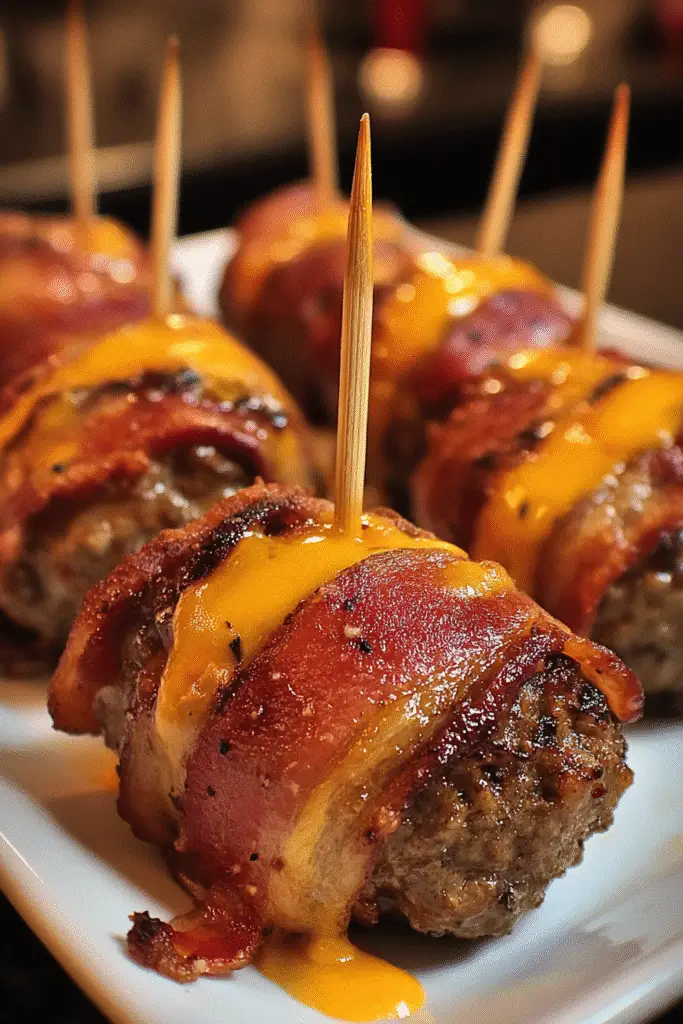 Golden brown bacon-wrapped cheeseburger dippers fresh from oven with perfectly crispy bacon coating