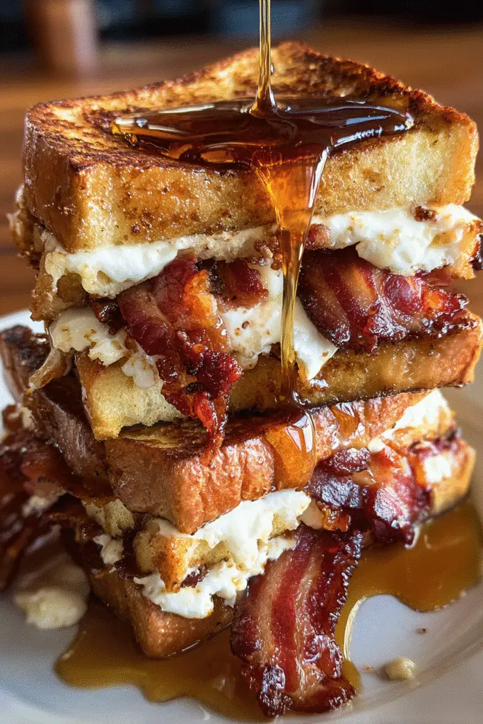 Gourmet candied bacon stuffed French toast recipe cream cheese brunch inspiration