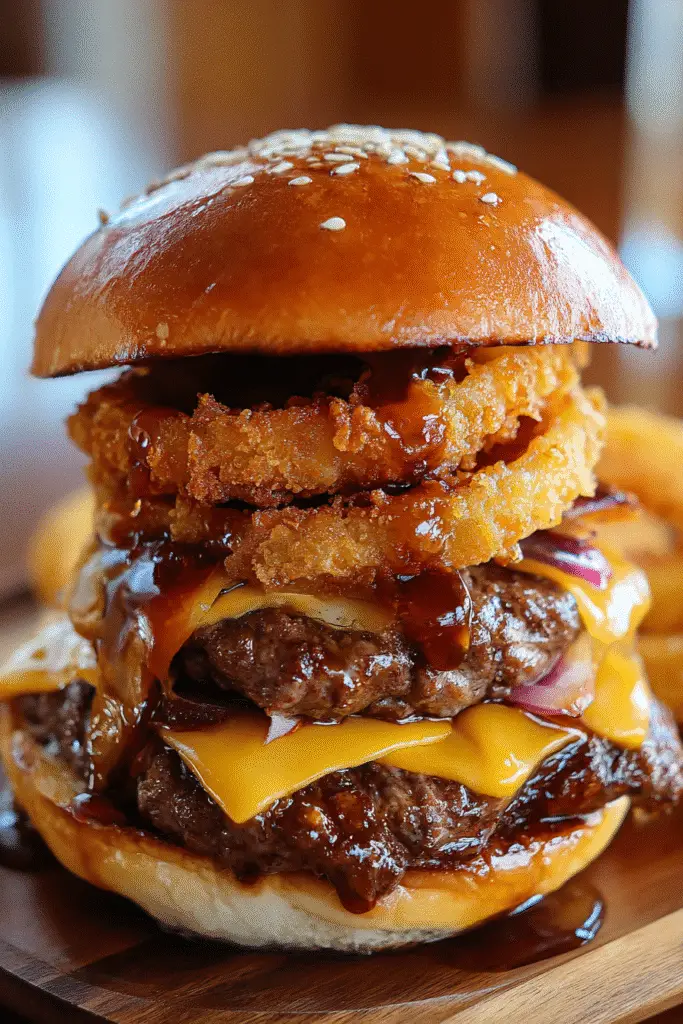 Gourmet cheddar lava burger with bourbon onion rings - step-by-step recipe guide