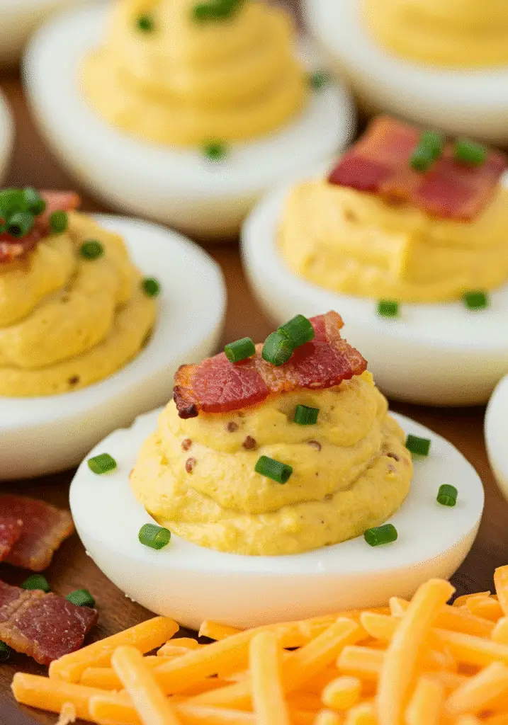 Gourmet honey bacon cheddar deviled eggs party appetizer recipe with fresh chive garnish