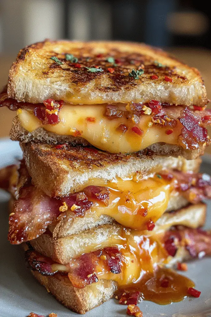 Gourmet Maple Sriracha Bacon Gouda Grilled Cheese showcasing crispy texture and melted cheese