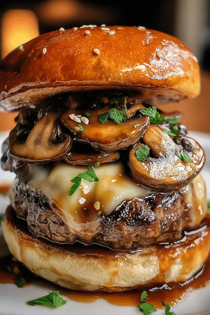 Gourmet whiskey mushroom Swiss smash burger with garlic butter - Pinterest recipe