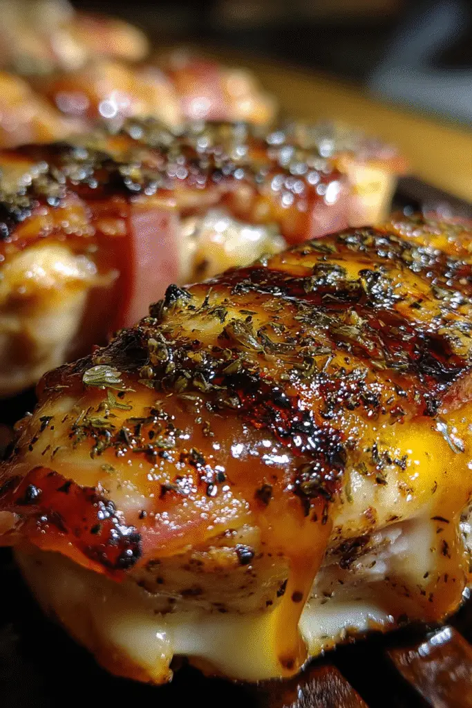 Sliced Grilled BBQ Chicken Cordon Bleu showing ham and Swiss cheese filling with BBQ sauce glaze