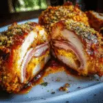 Grilled BBQ Chicken Cordon Bleu with melted Swiss cheese and ham filling on wooden cutting board