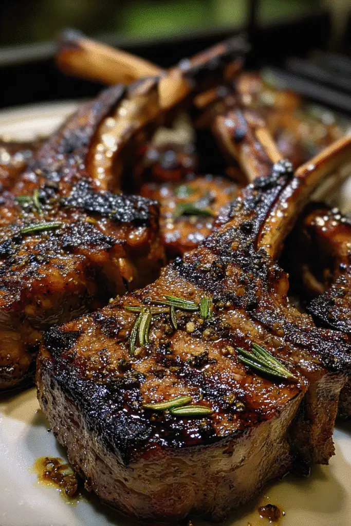 Perfectly grilled dark rum smoked lamb chops with Caribbean seasoning and professional presentation plating