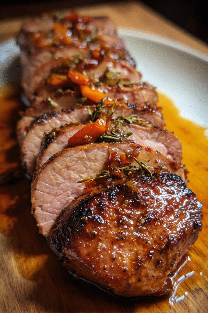 Gourmet habanero maple pork tenderloin recipe with charred whiskey butter cooking process