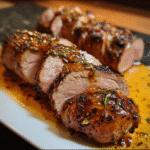 Habanero maple pork tenderloin with charred whiskey butter garnished with fresh herbs on white plate