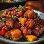 Habanero peach pork belly with caramelized bourbon butter glaze on cast iron skillet - premium BBQ recipe