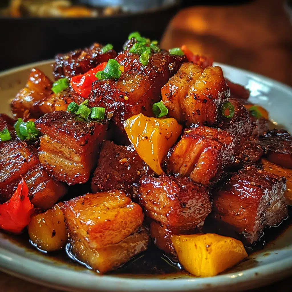 Habanero peach pork belly with caramelized bourbon butter glaze on cast iron skillet - premium BBQ recipe