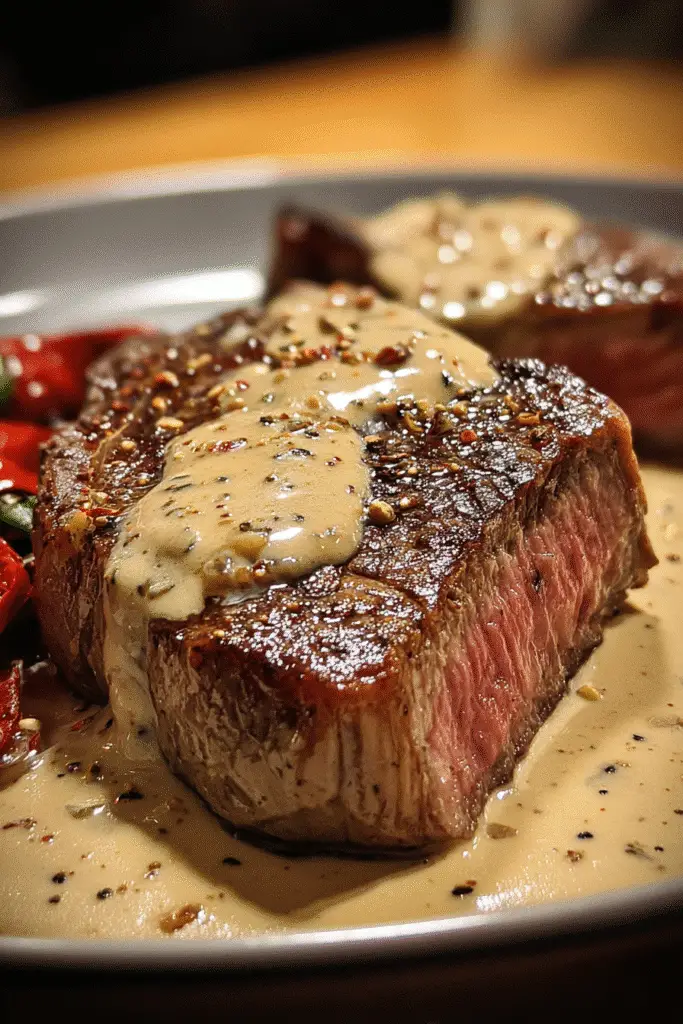 Haunted bourbon cream sauce being poured over perfectly cooked ghost pepper ribeye steak
