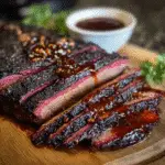 Haunted smoked brisket with bourbon blood sauce Halloween BBQ recipe served on dark plate