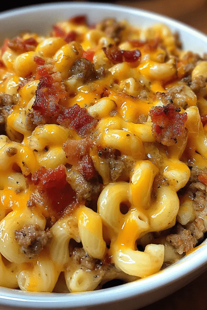 Hearty Loaded Bacon Cheeseburger Mac close-up with creamy cheese
