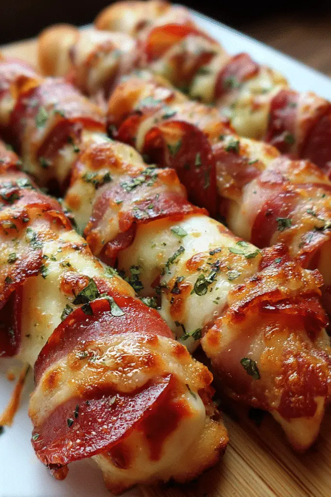Homemade Bacon-Wrapped Pizza Sticks appetizer with crispy bacon and premium cheese blend