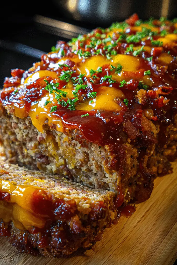 Homemade BBQ Bacon Cheddar Meatloaf recipe showing perfect texture and premium ingredients