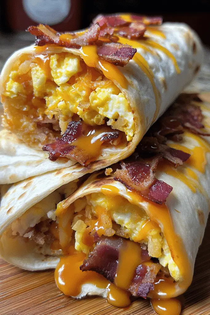 Homemade BBQ Cheddar Bacon Breakfast Burritos with smoky BBQ sauce and premium ingredients