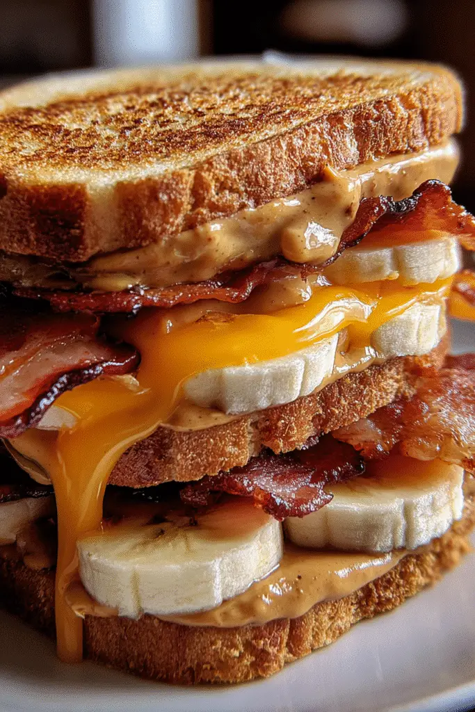 Homemade Elvis peanut butter bacon sandwich with golden crust and melted peanut butter - CrennRecipes midnight snack recipe
