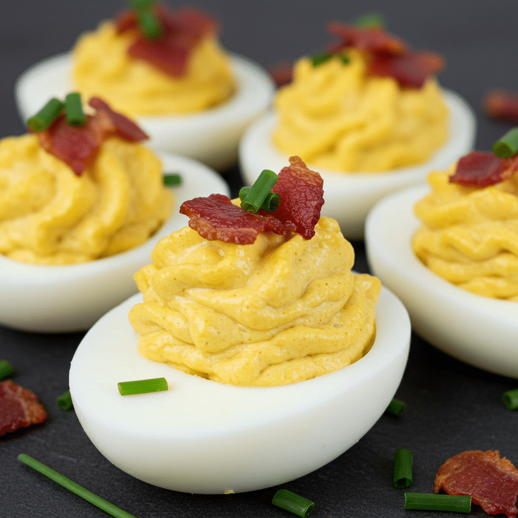 Honey bacon cheddar deviled eggs garnished with crispy bacon bits and fresh chives on white serving platter