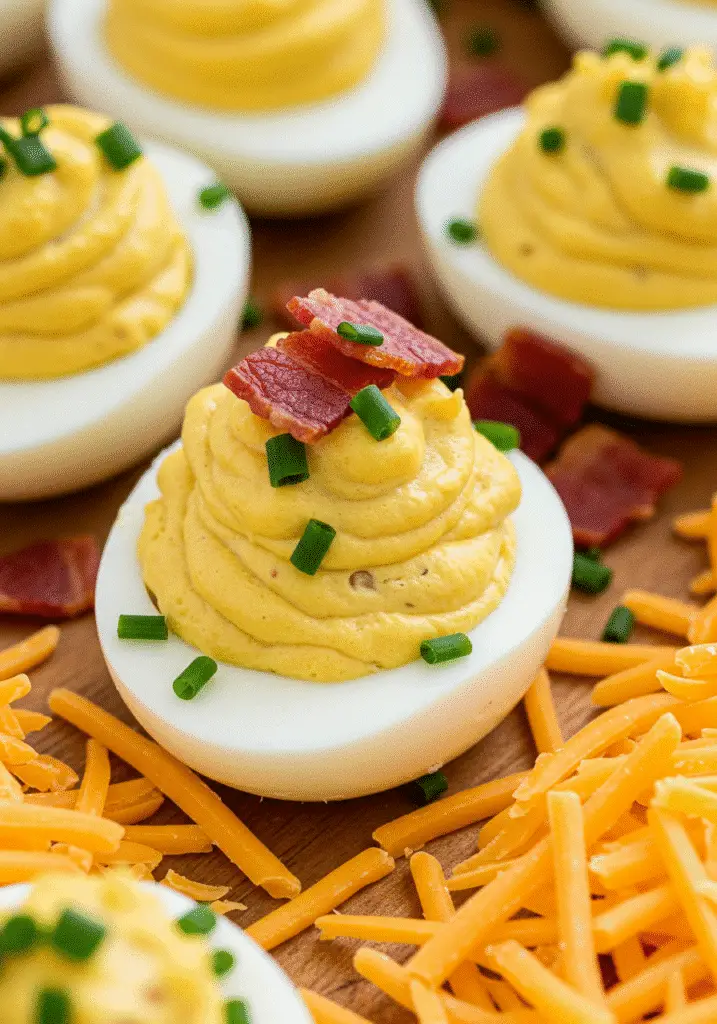 Honey bacon deviled eggs recipe with sharp cheddar cheese and crispy bacon garnish for Pinterest